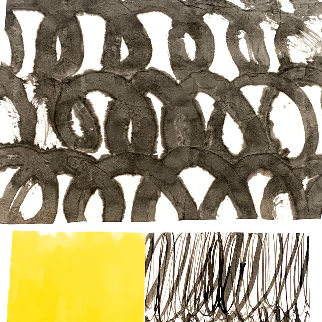 Catherine Cazau - Peinture sur toile - Composition aux graphismes gris et carré jaune